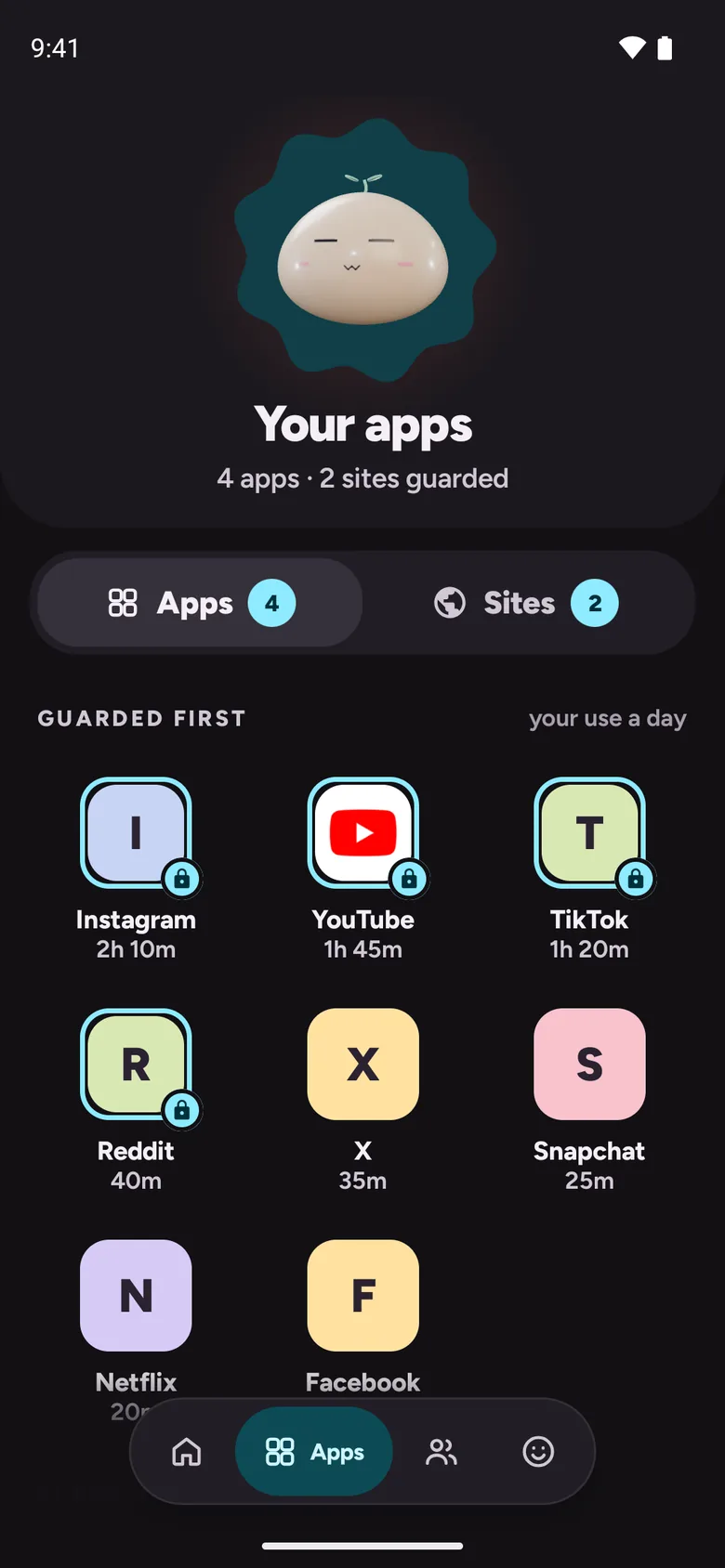 Your apps: Instagram, YouTube, TikTok and Reddit guarded with a lock, plus 2 sites