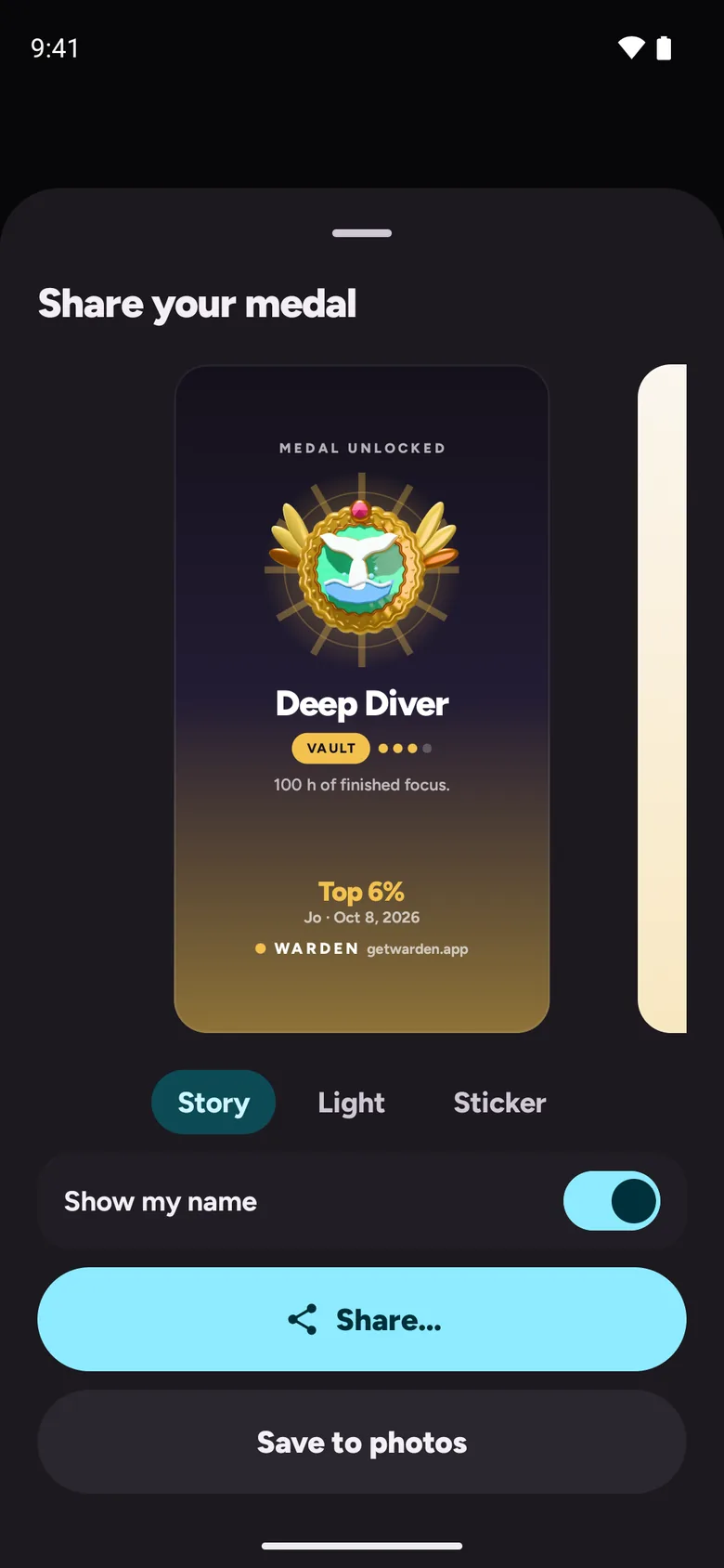 Share your medal: the Deep Diver story card with Story, Light and Sticker options